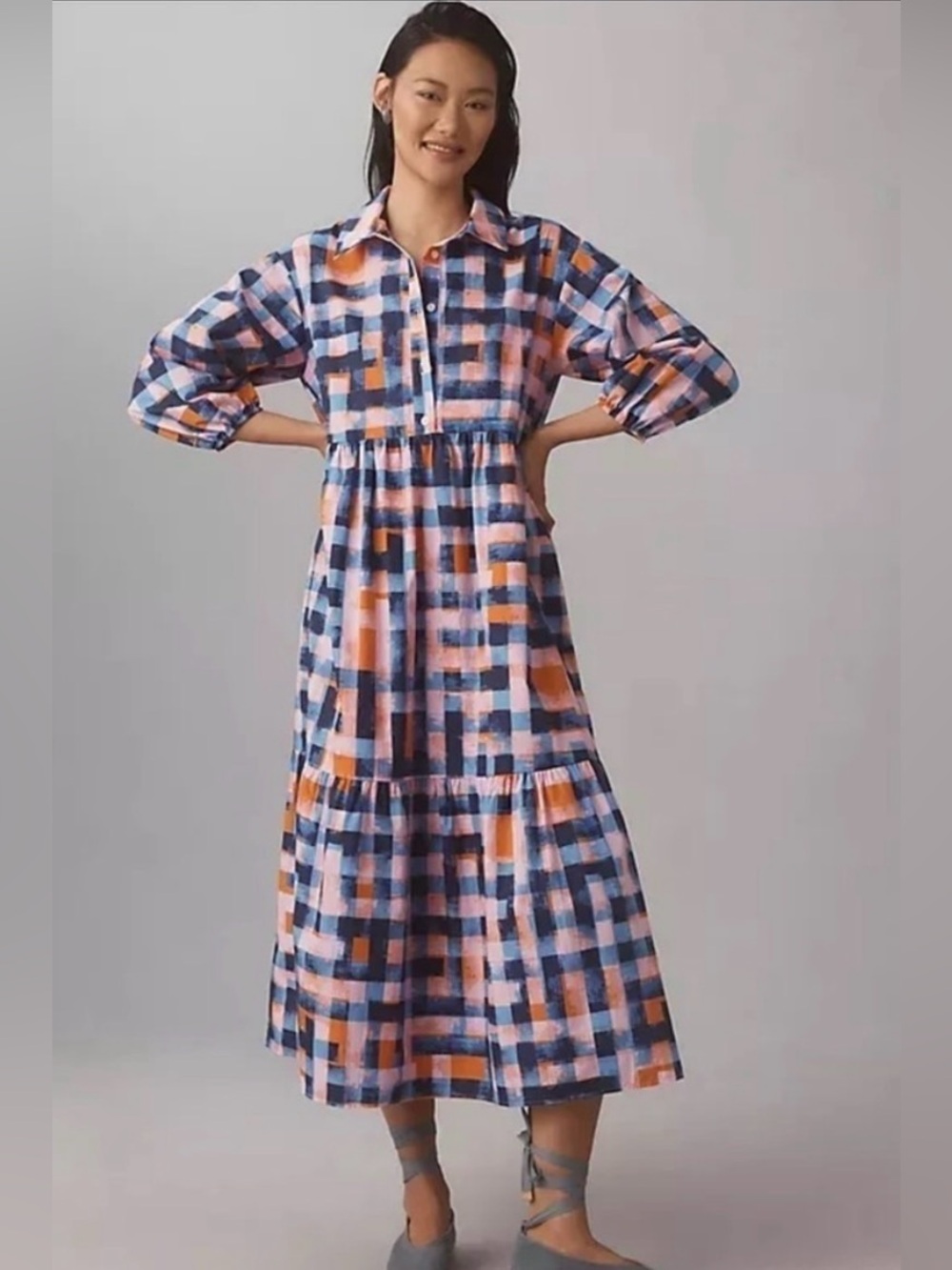 Anthropologie MAEVE Bettina Tiered Cotton Shirt Dress in Blue Orange Pink - XS